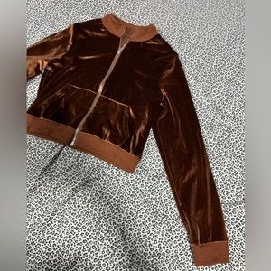 brown velour tracksuit zip up jacket with pockets